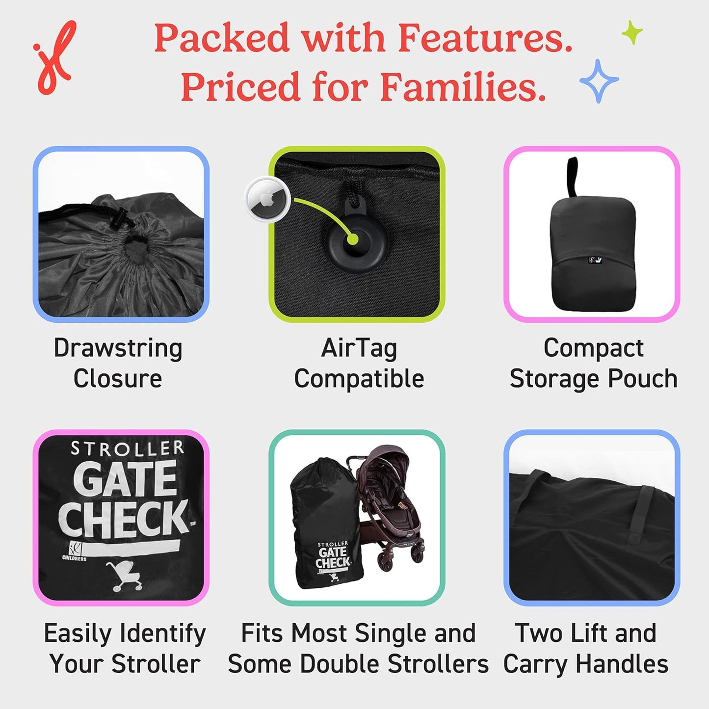 J.L. Childress Gate Check Bag for Single & Some Double Strollers - Travel Bag for Airplane, Fits Most Standard Baby Strollers, Airport Accessories for Gate Check, Flying Essentials - Red