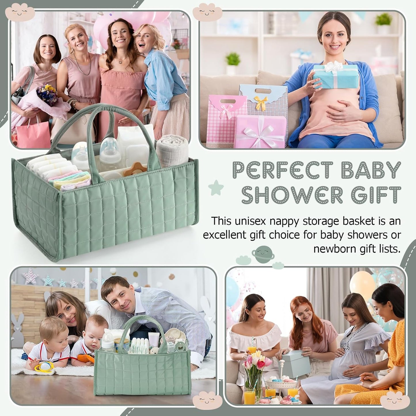 Huhumy Checkered Baby Diaper Caddy, Puffy Nursery Storage Organizer for Diapers & Babies Wipes, Large Quilted Tote Bag for Newborn Essentials Boy or Girl, Gift for Baby Shower Registry (Sage Green)