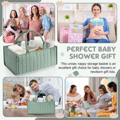 Huhumy Checkered Baby Diaper Caddy, Puffy Nursery Storage Organizer for Diapers & Babies Wipes, Large Quilted Tote Bag for Newborn Essentials Boy or Girl, Gift for Baby Shower Registry (Sage Green)