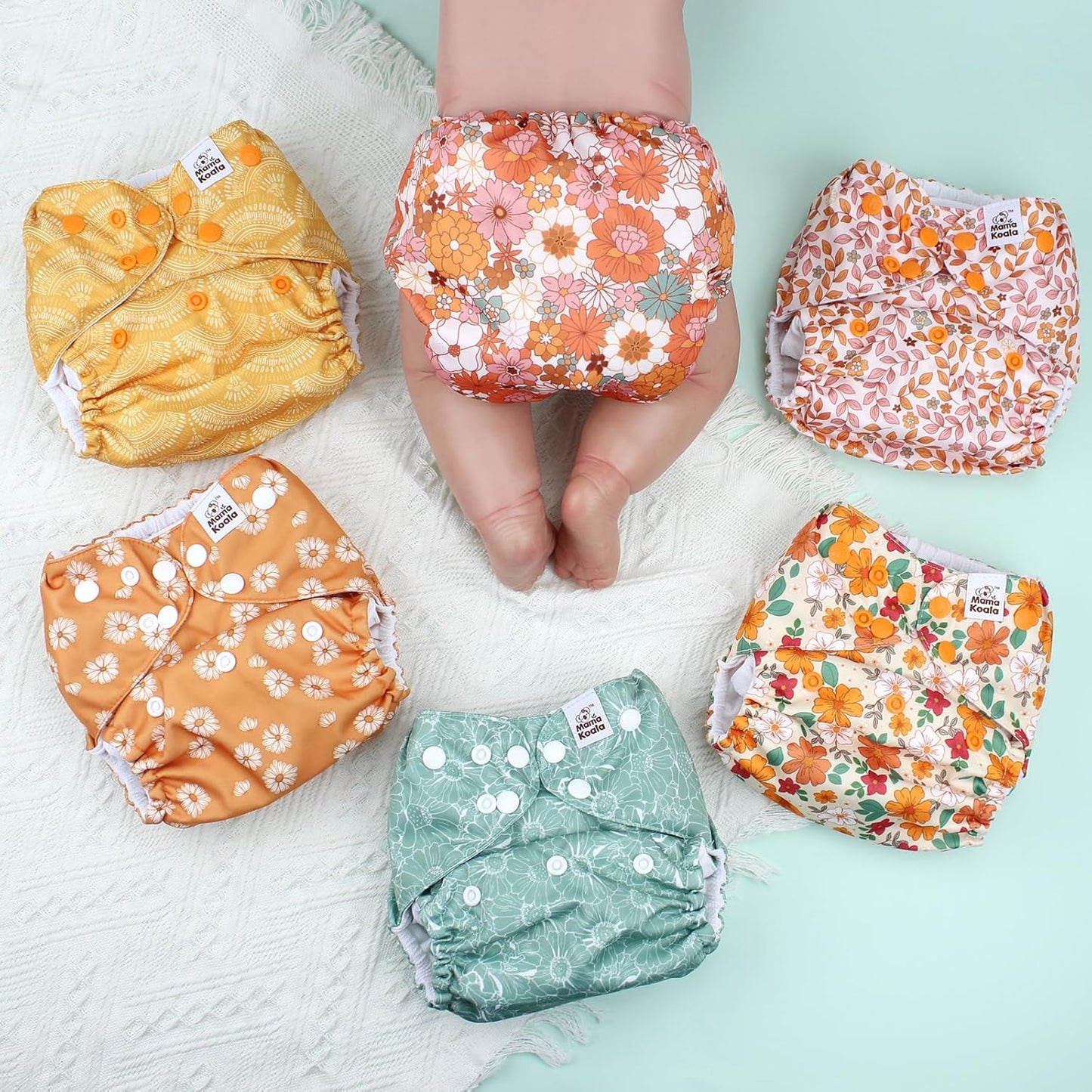 Mama Koala 3.0 Pocket Cloth Diapers for Babies with AWJ Lining, 6 Pack with 6 4-Layer Natural Cloth Diaper Inserts - Reusable and Washable Pocket Diapers(Hardworking Bees) - Colors A