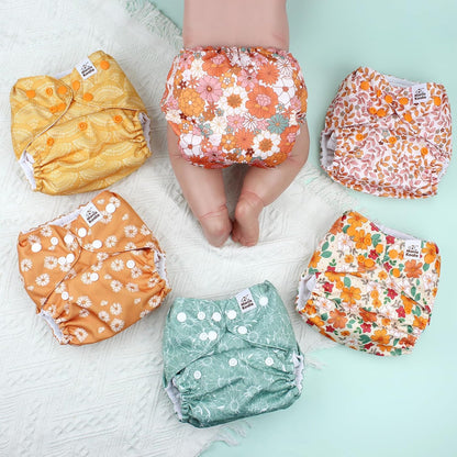 Mama Koala 3.0 Pocket Cloth Diapers for Babies with AWJ Lining, 6 Pack with 6 4-Layer Natural Cloth Diaper Inserts - Reusable and Washable Pocket Diapers(Hardworking Bees) - Colors A