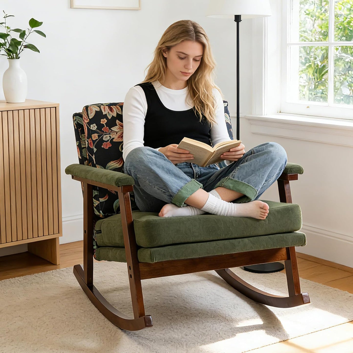 Rocking Accent Chair, Nursery Upholstered Glider Cozy Small Rocker Rocking Chair for Adult, Comfy Side Modern Arm Chair for Living Room/Bedroom/Offices/Balcony-White
