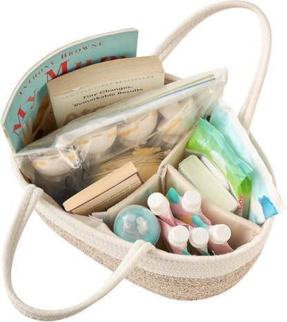 Diaper Caddy Organizer, Empty Gift Basket for Newborn Essentials, Baby Storage Basket, Stylish Gift Bag for Baby Shower, Boys and Girls – Small, White and Beige Brown