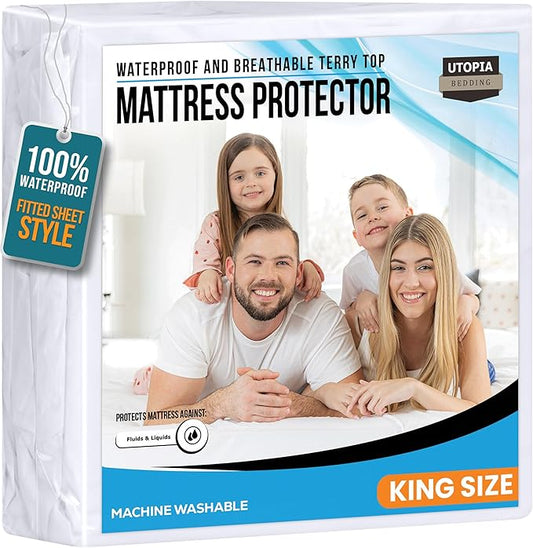 King Size Mattress Protector Waterproof, Premium 200 GSM Terry Mattress Cover, Soft & Breathable Bed Cover, Fitted Sheet Style Stretchable Deep Pockets 17" by Utopia Bedding (White)