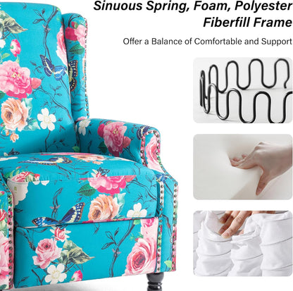 Swivel Rocker Recliner Chair, Manual Nursery Glider Recliner, Floral Fabric Wingback Accent Chair with Adjustable Backrest & Footrest for Small Spaces Living Room Bedroom (Plants Floral, Set of 1)