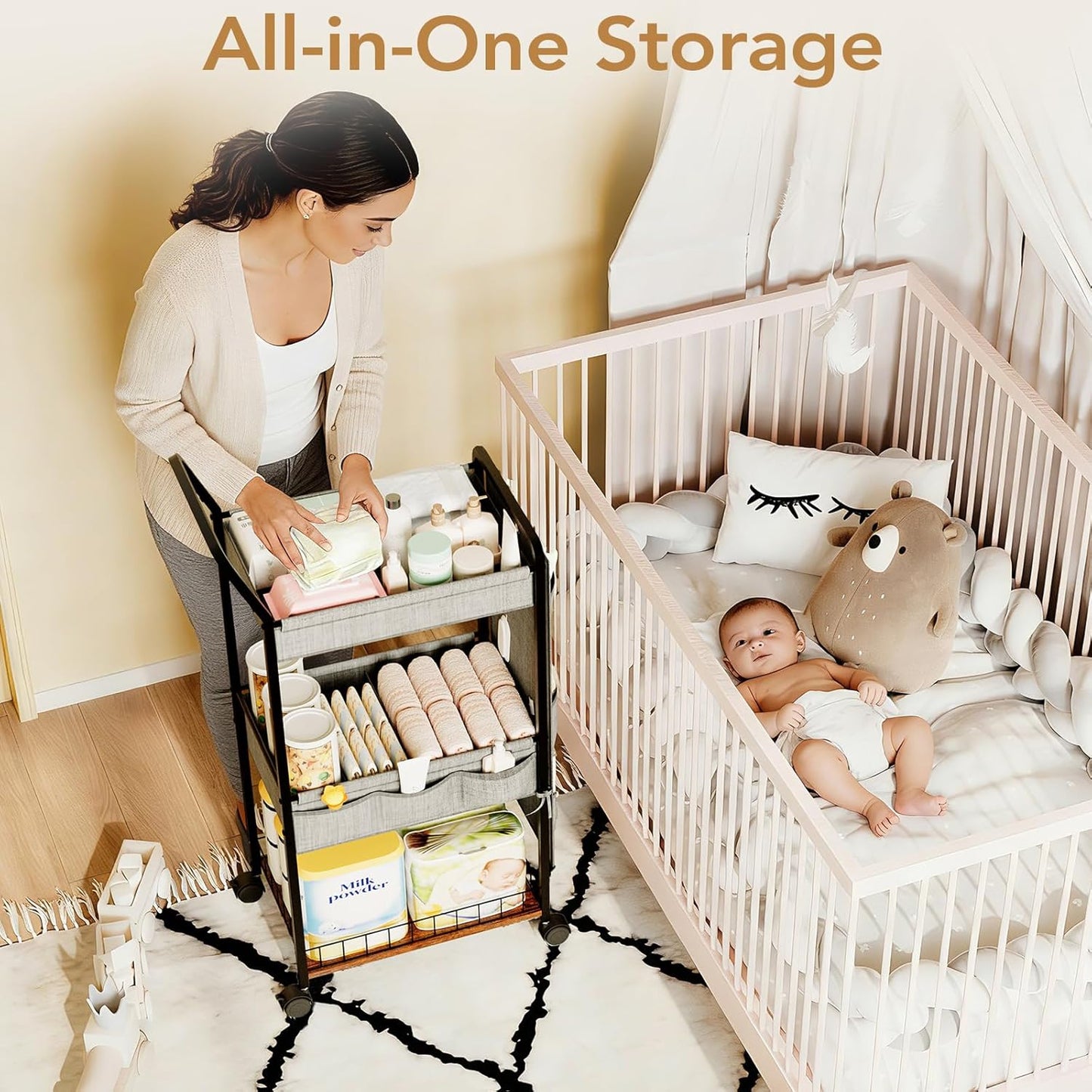 BBLIKE 3-Tier Diaper Caddy Organizer - Rolling Utility Baby Cart with Drawer and Side Pockets for Nursery and Baby Essentials, Multi-Function Cart for Bedroom and Bathroom, White