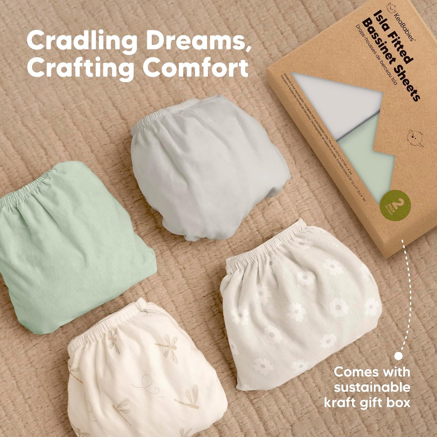 2-Pack Organic Bassinet Sheets for Girls, Boys - 100% Cotton Bassinet Mattress Sheets Compatible with Halo Bassinest Swivel Sleeper, Graco, Baby Delight, Chicco, Unisex Fitted Bassinet Sheets (Elly)