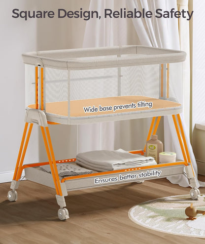 Fodoss Baby Bassinets Bedside Sleeper - 3-in-1 Baby Bassinet with Wheels, Soft Mattress, Storage Tray, Full-Mesh Sides, 7-Height Adjustable Crib for Newborns