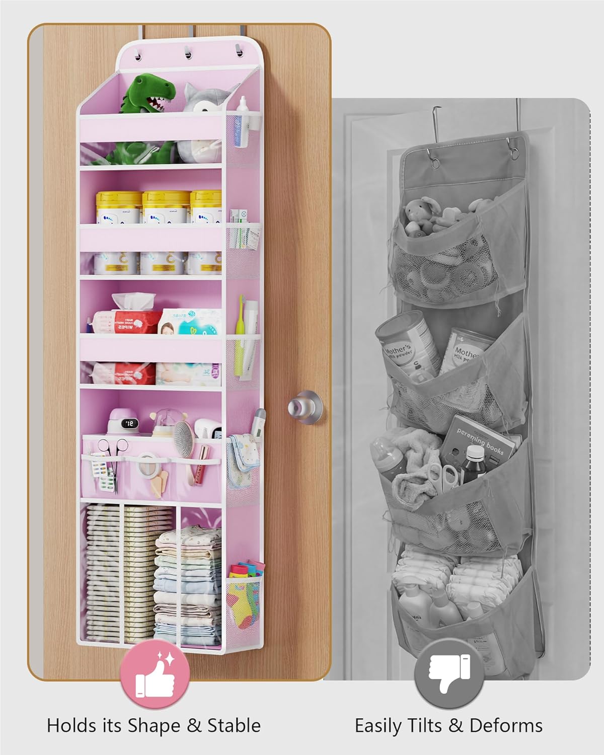 OneDream Over the Door Organizer for Nursery, 5-Tier Baby Clothes Organizer with Removable Storage Caddy, Hanging Behind Door Storage with Clear Pockets and Side Mesh Compartments, Grey