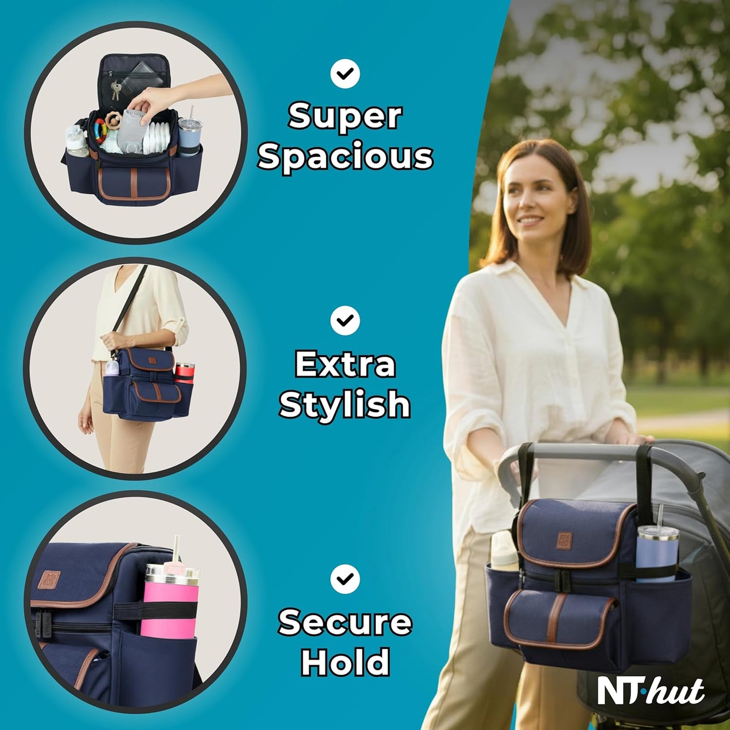 NT·hut Baby Stroller Organizer, Stroller Caddy Bag with 2 Wide Cup Holders & Bottle Straps, Universal Strap Fit, Fits 11" Tablet, Magnetic Pocket, Zipper & Mesh Pockets, Water Resistant 600D (Black)