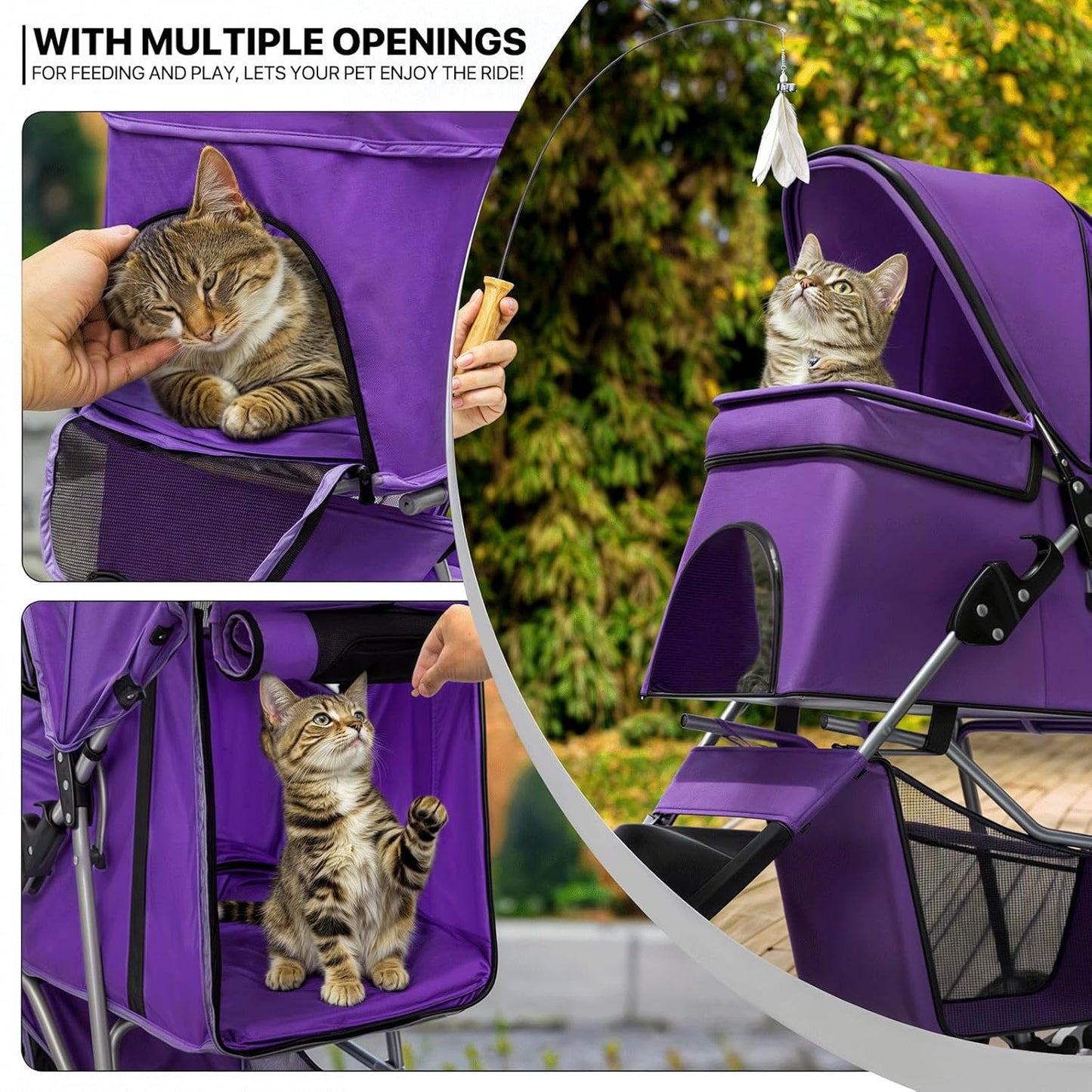 MoNiBloom Foldable Pet Stroller with Weather Cover, 3 Wheels Pet Strolling Cart for Small/Medium Dogs and Cats with Storage Basket and Cup Holder, Breathable and Visible Mesh for All-Season, Black