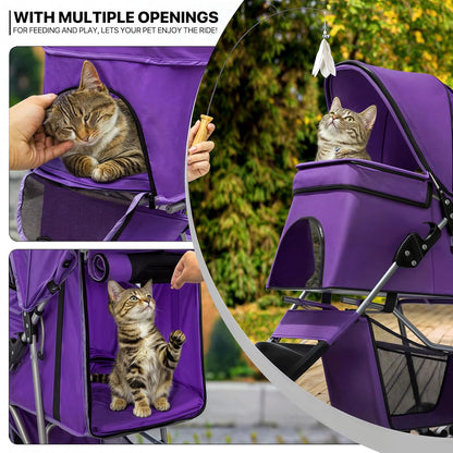 MoNiBloom Foldable Pet Stroller with Weather Cover, 3 Wheels Pet Strolling Cart for Small/Medium Dogs and Cats with Storage Basket and Cup Holder, Breathable and Visible Mesh for All-Season, Black