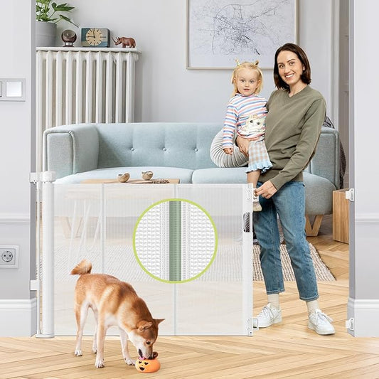 Reinforced 55" Wide Retractable Baby Gates for Doorways to Prevent Crawling Under, Outdoor Retractable Gate, Mesh Child Safety Gates for Toddlers, Indoor/Outdoor Baby Gate for Deck/Porch/Patio, White