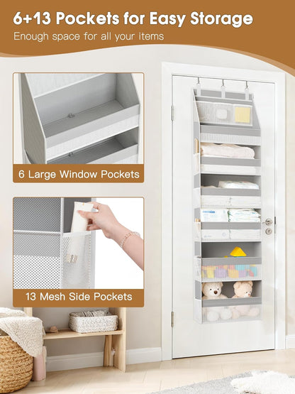 Criusia Over the Door Organizer, 6-Shelf Closet Hanging Storage with 13 Mesh Pockets, 55lbs Capacity Behind the Door Storage for Baby Nursery, Bathroom, Bedroom, and Dorm, Beige