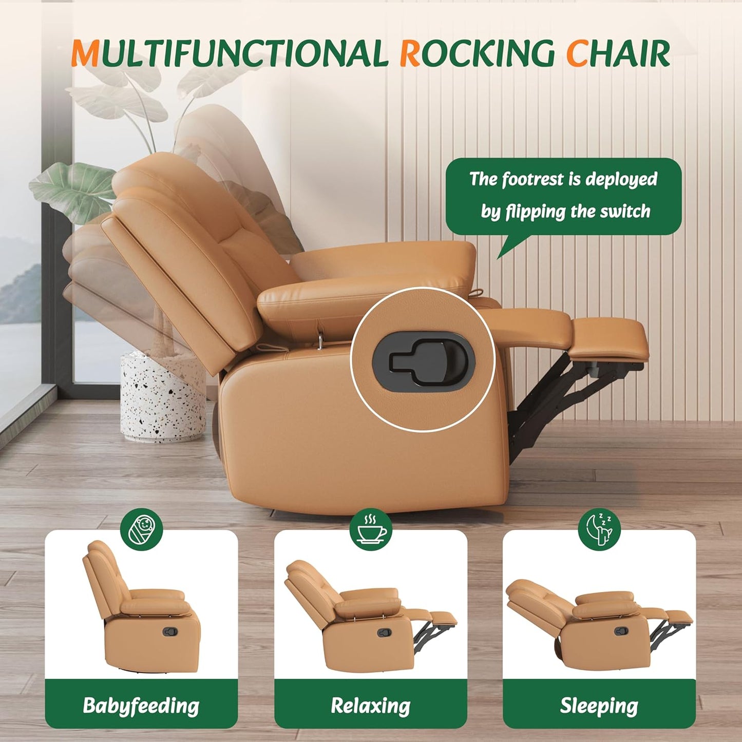 AILEEKISS Nursery Glider Recliner Chair with Adjustable Armrests, Swivel Rocking Recliner for Breastfeeding Moms, 360° Swivel, 30° Rocking, 90°-160° Recline, Easy-Clean Nursery Chair(White)
