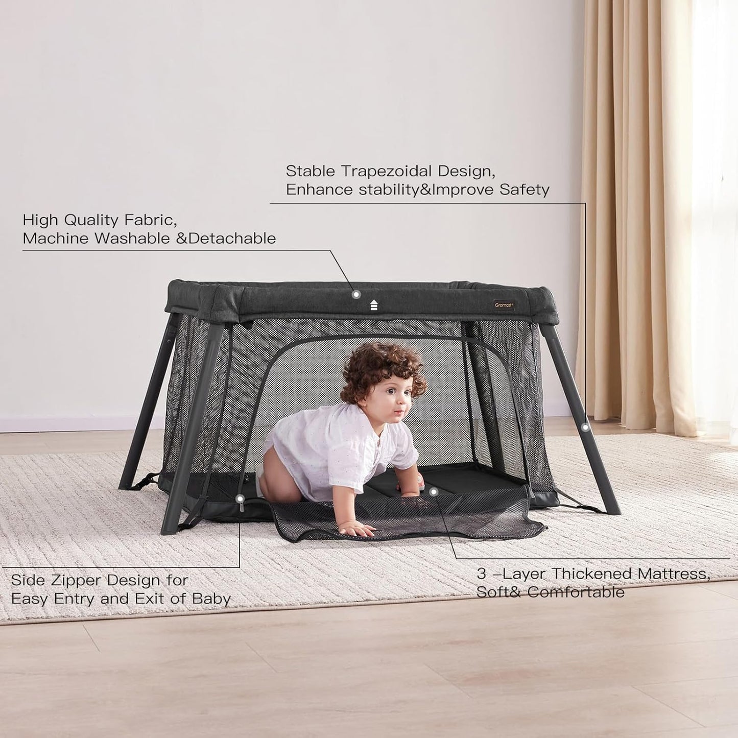 Gromast 2 in 1 Portable Travel Crib for Toddler, Foldable Crib for Baby, Lightweight Playpen Collapsible Playard with Soft Mattress, Easy to Carry Baby Travel Bed for Outdoor, Indoor (Grey)