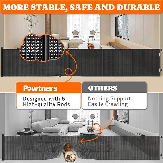 Pawtners Retractable Baby Gates Extra Wide, 41" Tall Extends up to 120" Wide, Dog Gate Indoor for Stairs, Pet Gate with Support Rods for Doorways Hallways Indoor & Outdoor-Black