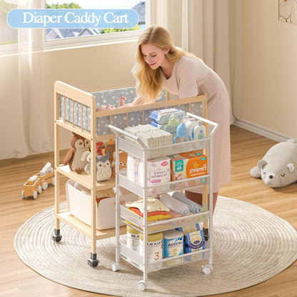 Baby Diaper Caddy Cart, 4-Tier Diaper Caddy Organizer and Storage, Rolling Utility Cart for Baby Supplies, Diaper Cart with Wheels for Bedroom, Nursery, Changing Table, White