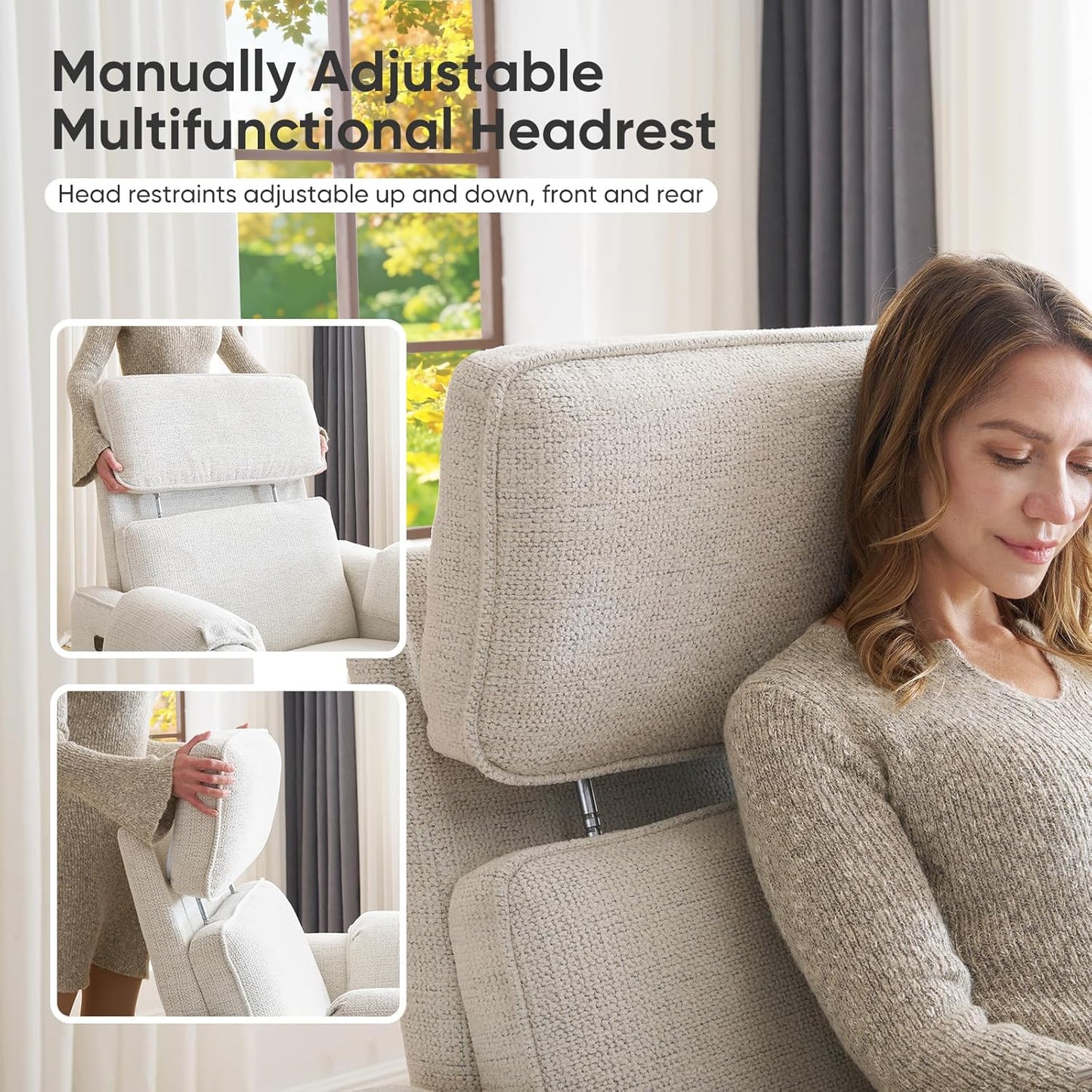 Oversized Power Rocker Recliner Chair, 26" Extra Wide Swivel Recliner with Adjustable Headrest, Chenille Glider Rocking Nursery Chair with Overstuffed Armrest, USB Ports, Cream