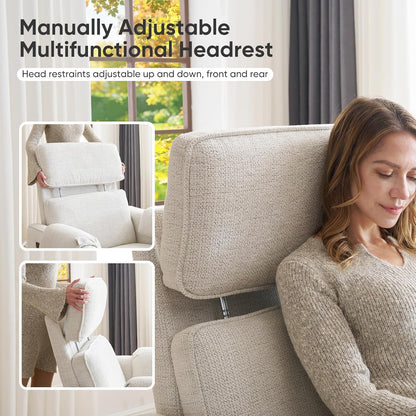 Oversized Power Rocker Recliner Chair, 26" Extra Wide Swivel Recliner with Adjustable Headrest, Chenille Glider Rocking Nursery Chair with Overstuffed Armrest, USB Ports, Cream