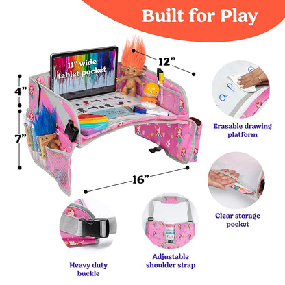 PILLANI Kids Travel Tray for Car Seat - Carseat Tray w/ iPad Holder & Dry Erase Board, Road Trip Activities - Toddler Lap Desk Organizer for Airplane - Roadtrip & Travel Essentials - Pack of 2, Pink