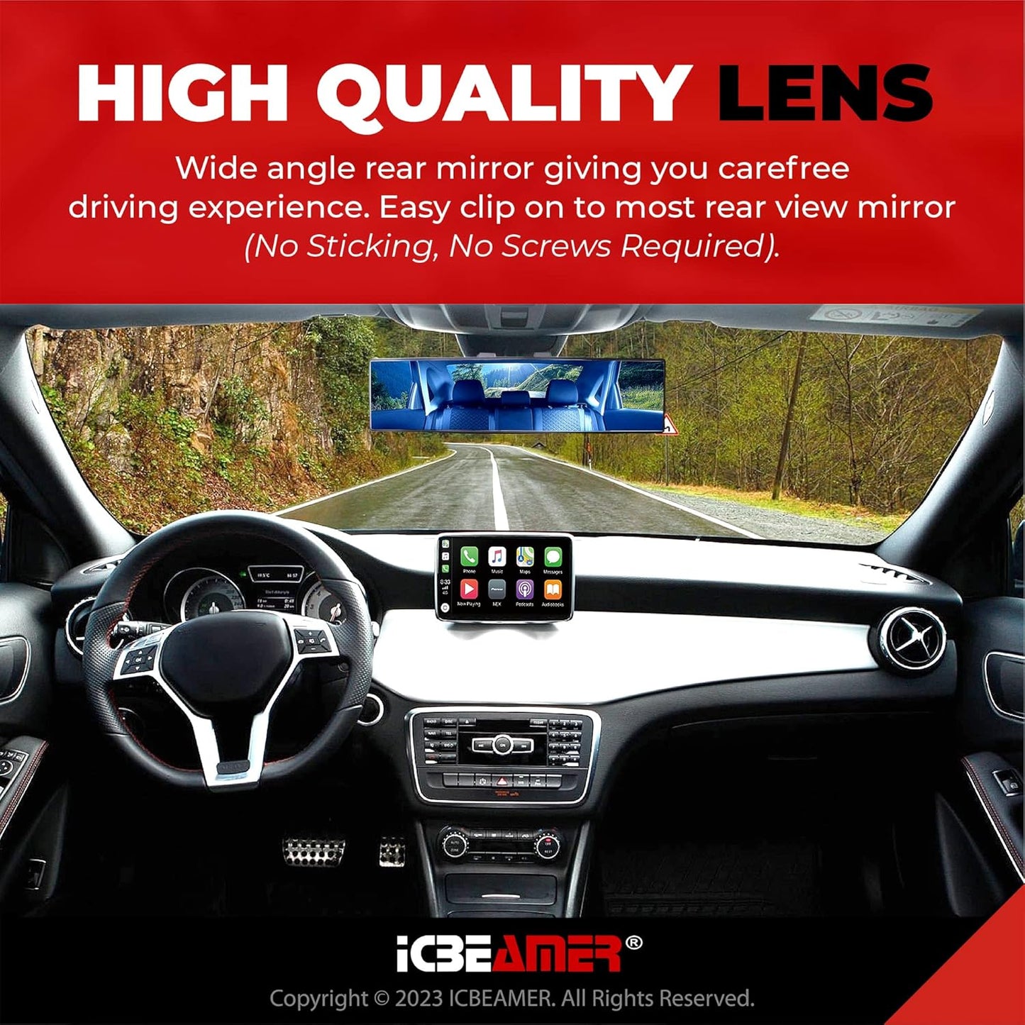 11.8" ICBEAMER Clip On Rear View Mirror | Convex Blue Tint Glass, Panoramic Wide Angle HD Glass, Anti Glare, Universal Fit for Car, SUV, Truck | Eliminates Blind Spots (1 Pack)