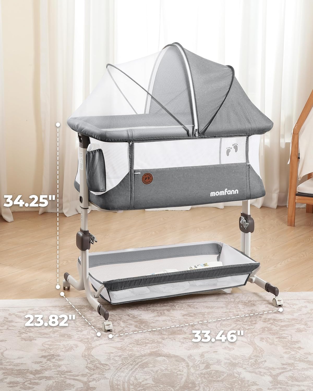 MOMFANN Baby Bassinet Bedside Sleeper, Upgraded Stability Bedside Crib with Full Mesh Sides, Soft Sheet, 6-Height Adjustment, Storage Basket, Easy Folding Portable Bassinet for Newborns, Gray