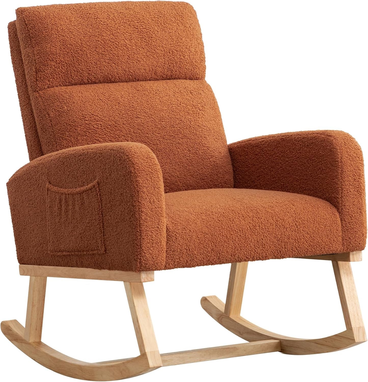 Rocking Chair Nursery, Upholstered Nursing Rocker Chair for Mom with High Backrest and Side Pockets for Bedroom Living Room, Beige