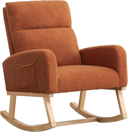 Rocking Chair Nursery, Upholstered Nursing Rocker Chair for Mom with High Backrest and Side Pockets for Bedroom Living Room, Beige