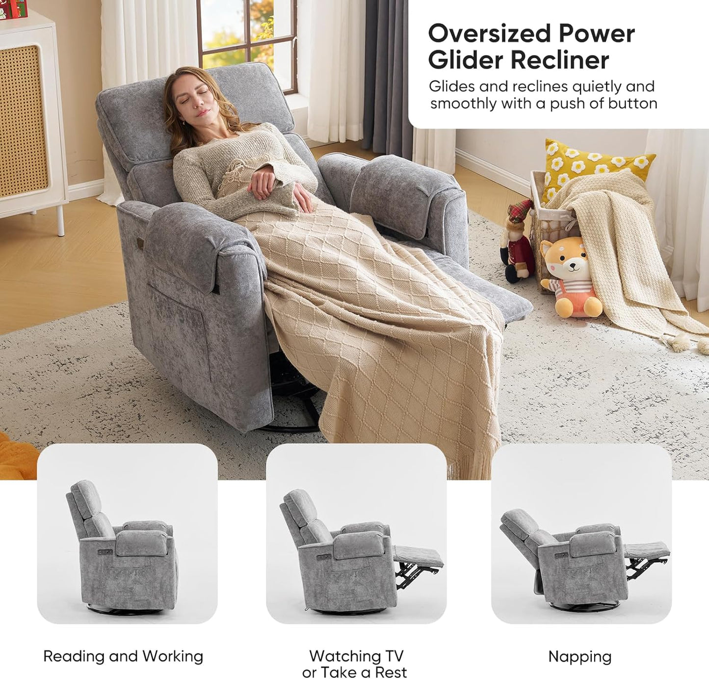 Oversized Power Rocker Recliner Chair, 26" Extra Wide Swivel Recliner with Adjustable Headrest, Chenille Glider Rocking Nursery Chair with Overstuffed Armrest, USB Ports, Cream