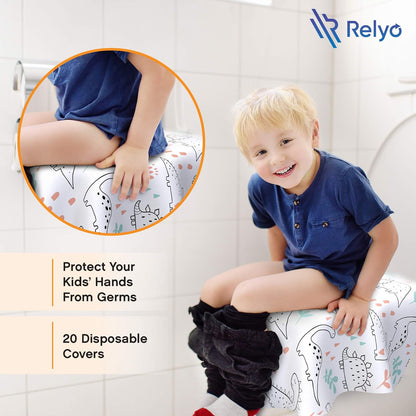 Relyo Disposable Toilet Seat Cover for Travel – 20 Pack with Covers Wrapped in Sets of 2, Non-Flushable Liners, Fits Most Seats – Kids, Toddlers, Adults (Dinosaurs, 20)