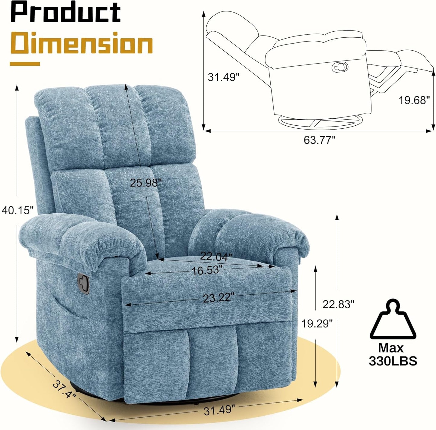Korser Recliner Chair, Swivel Rocker Recliner Chair for Adults, Small Recliners for Small Spaces, Upholstered Manual Recliner with Side Pockets, Nursery Rocking Chair for Living Room, Chenille, Beige