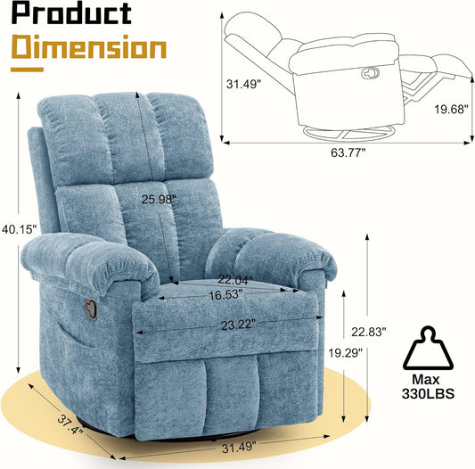Korser Recliner Chair, Swivel Rocker Recliner Chair for Adults, Small Recliners for Small Spaces, Upholstered Manual Recliner with Side Pockets, Nursery Rocking Chair for Living Room, Chenille, Beige