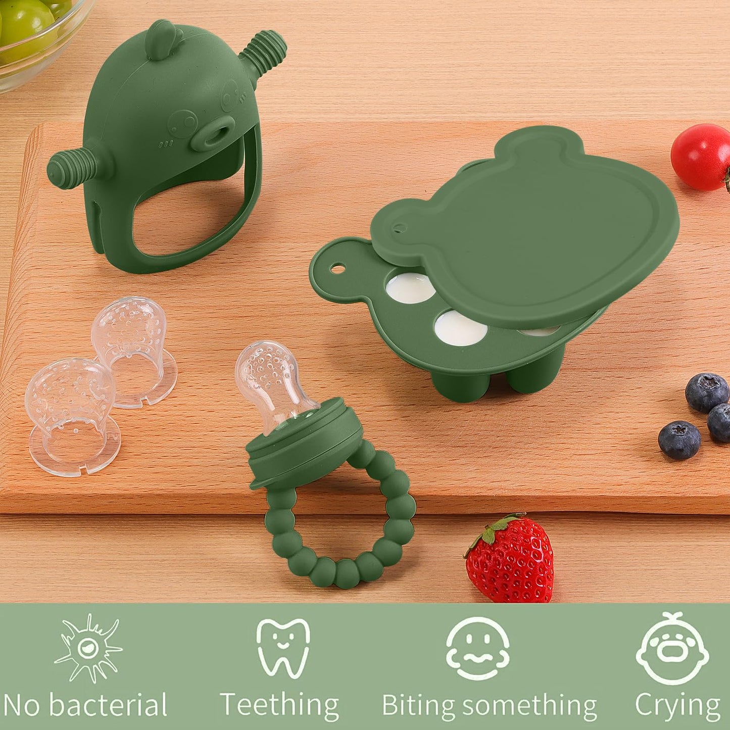 3-in-1 Baby Food & Fruit Feeder Set – Breastmilk Popsicle Mold with Freezer Tray, Teething Relief Toy, BPA Free Infant Silicone Feeding Combo, 3 Bonus Sizes (S/M/L) Sacs (Olive Green)