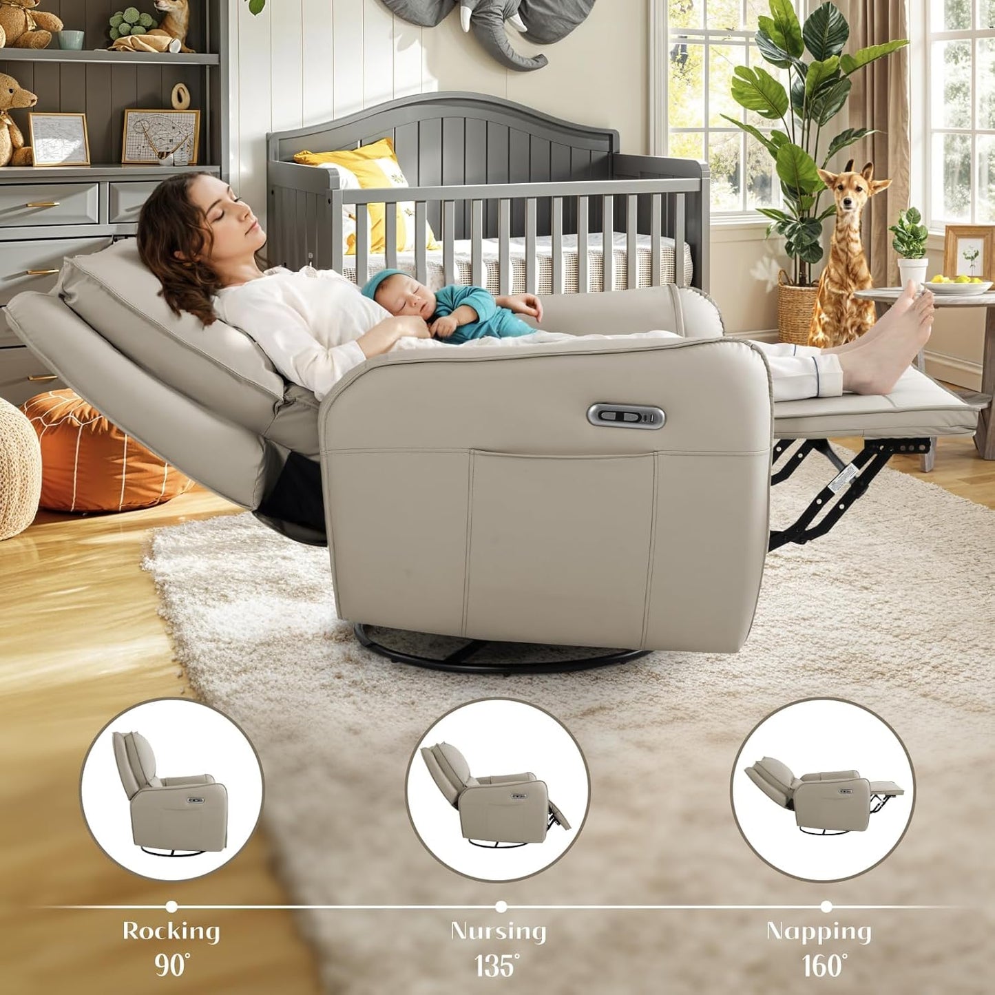 Power Recliner Gliders for Nursery, Electric Swivel Rocker Recliner Chair, Comfy Upholstered Living Room Reclining Rocking Chairs with Lumbar Support (Gray, 41" X 40" X 36")