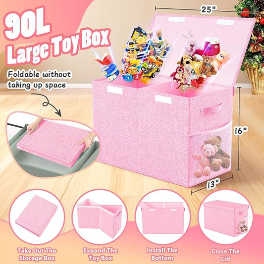 Large Toy Storage Box with Lid Divider, Sturdy Collapsible Toys Organizer Chest Kids Storage Bins Boxes Baskets for Boys, Girls, Nursery, Bedroom, Living Room, Playroom, 25"x13"x16", Pink