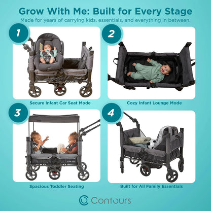 Contours Curve 360 Lightweight Double Baby Stroller Wagon for 2 Kids, Fits Infant Car Seats, Ultra Maneuverable, Easy in and Out for Toddlers with Deep Footwell, Storage Pockets and Adjustable Handle