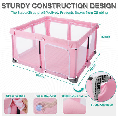 Foldable Baby Playpen,PlayPens for Babies and Toddlers，Indoor Outdoor Safety Play Area, Portable Child Activity Large Collapsible Play Yard，Folding Fence (Cationic Fabric-Grey, 50"x50")