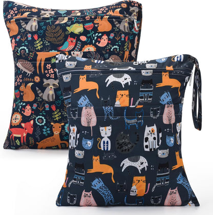 Wet Dry Bags 2-Pack with Cute Dolphin Print - Waterproof Travel Organizer for Swimming Pool Beach Gym Baby Cloth Diapers Swimwear with Dual Zippers