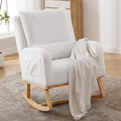 HCHAIRH Rocking Chair Nursery, Sherpa Nursing Rocking Chairs, Upholstered Nursery Glider Rocker for Mom Nursery Morden Accent Rocking Chair Pillow for Living Room,Bedroom,Teddy Light Grey