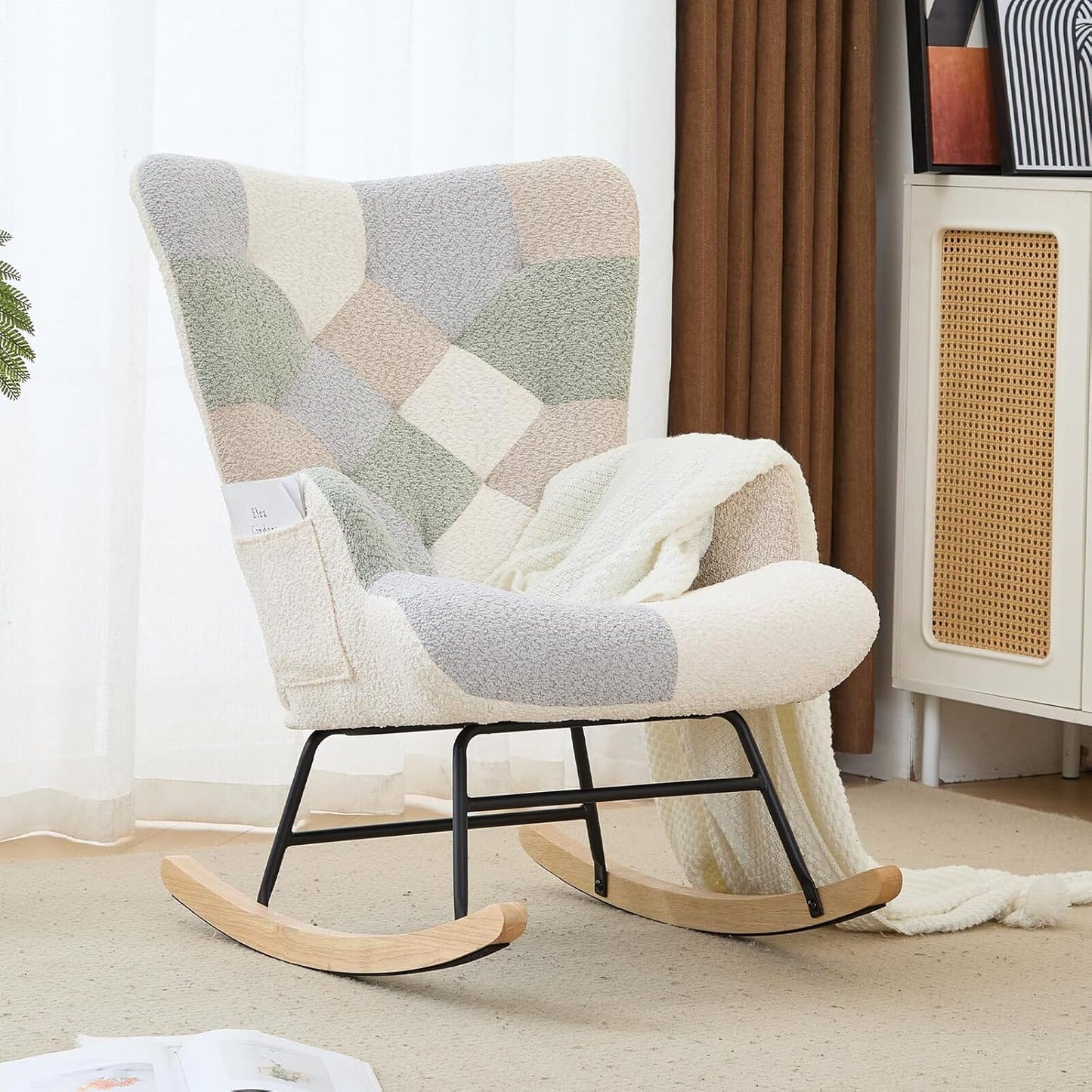 Nursery Rocking Chair Teddy Upholstered Glider Rocker Rocker Accent Chair with High Backrest Armchair Comfy Side Pocket Modern Rocking Accent Chairs for Living Room, Nursery, Office-Green