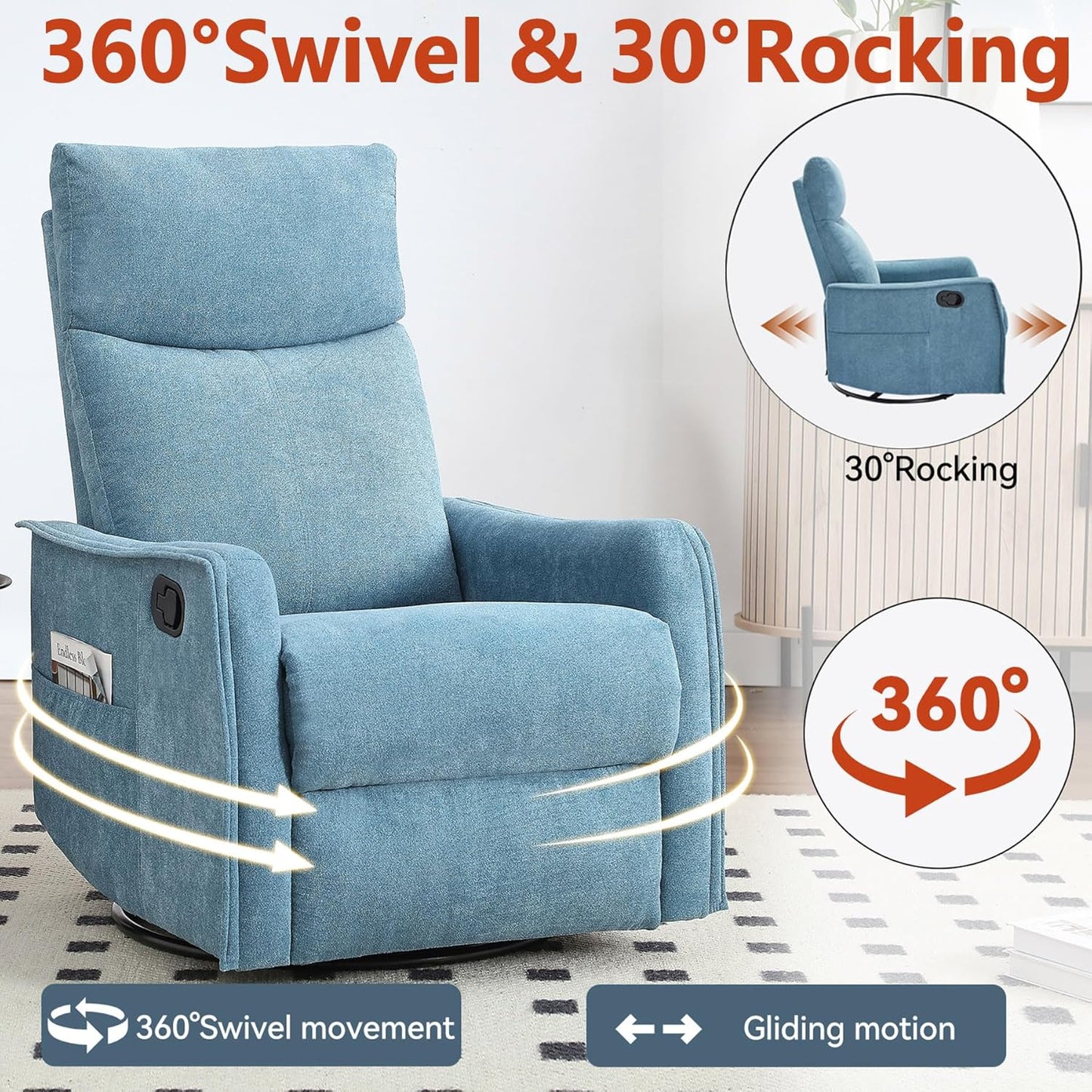 Massage Chair Recliner with Heat, Swivel Rocking Chair Recliner with High Back, Manual Nursery Recliners for Adults,Small Recliner Chair for Small Spaces, Living Room Bedroom, Fabric (Blue Green)
