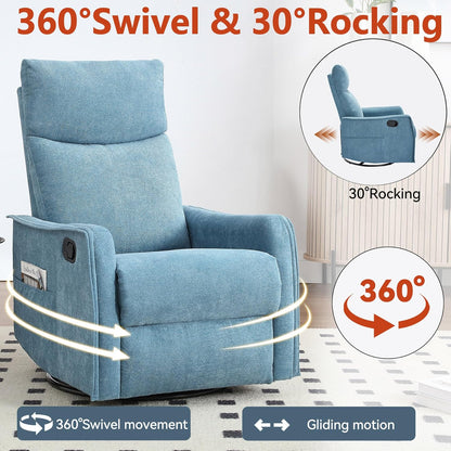 Massage Chair Recliner with Heat, Swivel Rocking Chair Recliner with High Back, Manual Nursery Recliners for Adults,Small Recliner Chair for Small Spaces, Living Room Bedroom, Fabric (Blue Green)