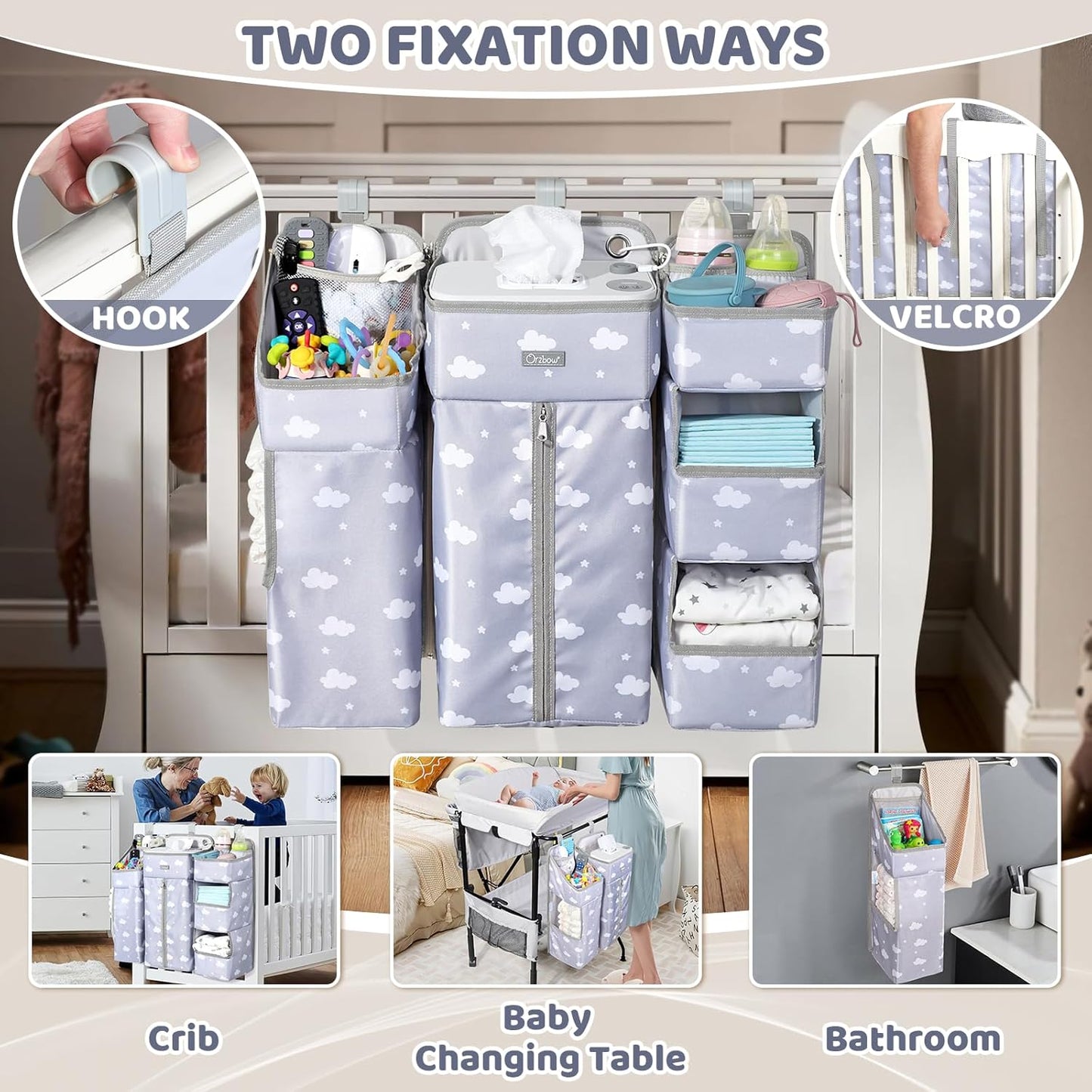 Orzbow 3-in-1 Hanging Diaper Caddy Organizer for Changing Table, Nursery Organization and Diaper Stacker for Crib Wall, Removable Diaper Organizer for Baby Girl Essentials, Pink