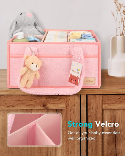 YOSING Cute and Playful Pink Diaper Caddy Organizer, 13 Compartments, Adjustable, Baby Diaper Caddy for Car, Changing Table, Nursery Storage, Car Organizer for Diapers and Baby Wipes