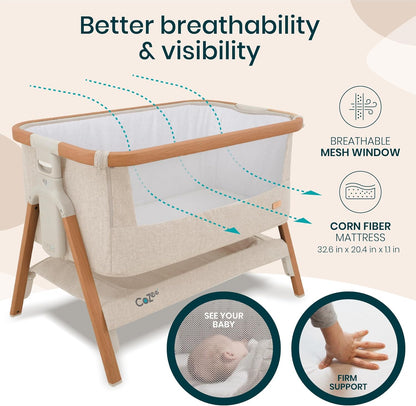 Tutti Bambini CoZee® 2-in-1 Baby Bassinet & Bedside Sleeper - Fast-Folding Bedside Bassinet, Baby Crib with 6 Mattress Heights & Breathable Mesh Window, Mattress Included, 0-6 Months (Oak & Charcoal)