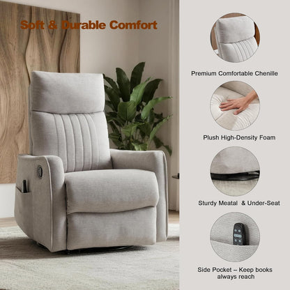 Casaphoria 360° Swivel Rocking Recliner Chair with Heat and Massage Upholstered Fabric Nursery Glider with Side Pocket for Living Room,Bedroom,Home Theater and RV Small Space(Light Gray)