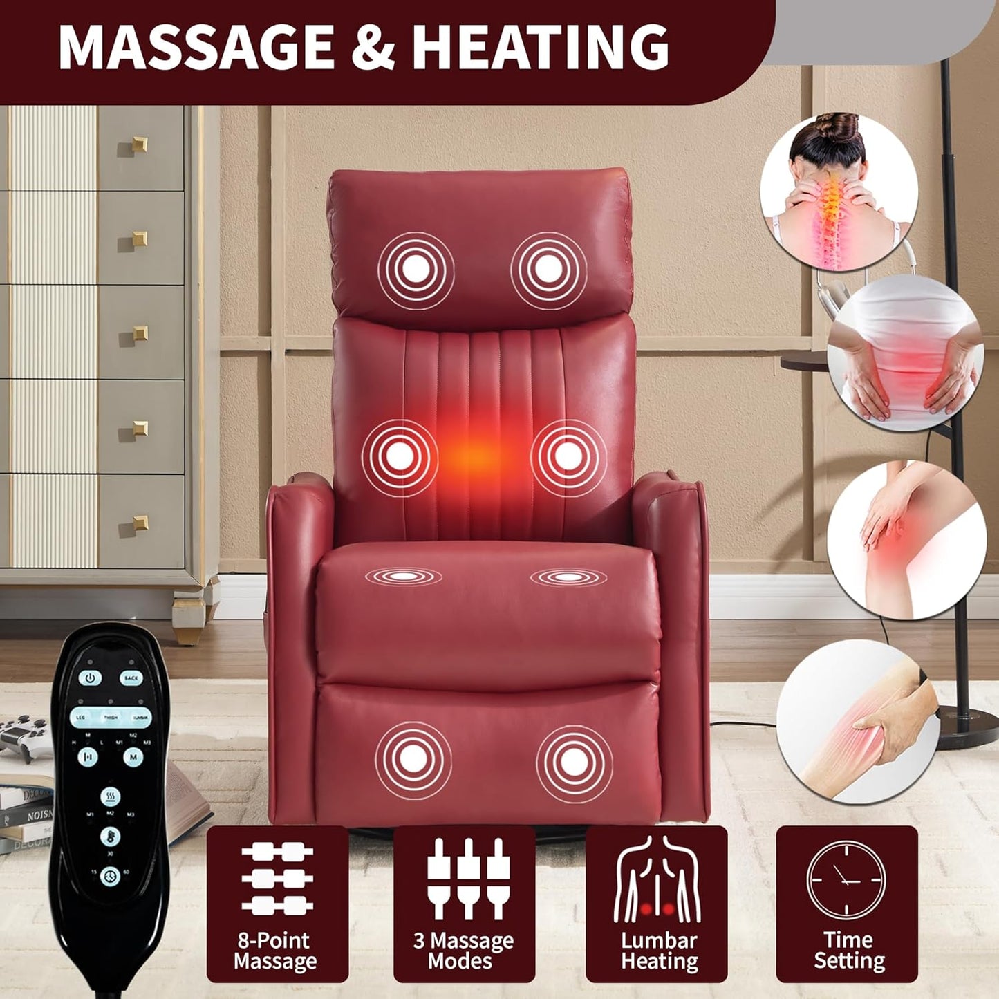 Swivel Rocker Recliner Chair for Adults, Nursery Rocking Chair with Heat and Massage, Glider Reclining Chair for Small Space Living Room Bedroom, Faux Leather Black