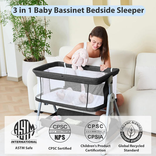 3-in-1 Baby Bassinet Bedside Sleeper with Wheels Bedside Bassinet for Newborn and Infant with Mattress and Storage Basket | Adjustable Height & Angle (13.5-18") | ASTM/CPSIA Certified (Pink)