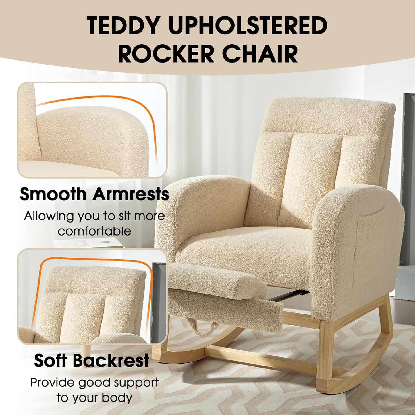 NIOIIKIT Modern Nursery Rocking Chair, Teddy Upholstered Rocking Chair with Footrest, Comfortable Rocker Recliner with Side Pocket, Rocker Glider for Living Room, Bedroom, Nursing Room (Apricot)